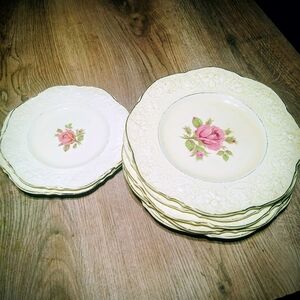 Antique Crown Ducal Florentine Pattern Plates  - Pink Rose Pattern (Set)